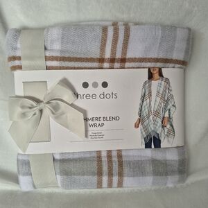 Three Dots Cashmere Blend Wrap - Gray and Tan Plaid - Soft Shawl- Cozy Coverup